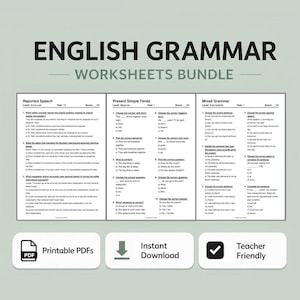 以下が含まれることがあります： 「English Grammar Worksheets Bundle」というタイトルの英語文法のワークシートのバンドル。ワークシートは、間接話法、現在時制、混合文法などのトピックをカバーしています。「印刷可能なPDF」と「インスタントダウンロード」オプションが含まれています。