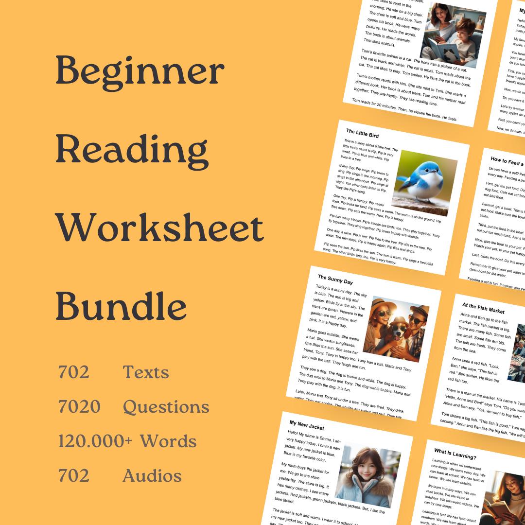 702 Beginner Reading Worksheets | English Reading Comprehension Texts w/ Questions and Answers | Instant Download PDFs | Teaching Materials