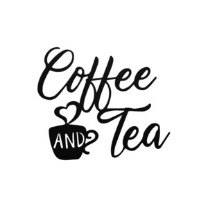 Puede incluir: Letrero de metal negro con las palabras "Coffee and Tea" en fuente cursiva. Incluye un gr&aacute;fico de taza de caf&eacute; con vapor en forma de coraz&oacute;n. La palabra "AND" est&aacute; dentro de la taza. Para cocina o cafeter&iacute;a.