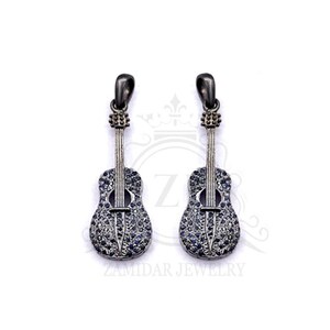 Beautiful Guitar Designer pave diamond instrument guitar charm pendant_Rosecut pave diamond 925 sterling silver handmade diamond jewelry