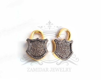Cierre de diseño con candado de dos tonos de color con diamantes pavé de aspecto antiguo, 1 pieza, corte rosa, joyería de plata de ley 925 hecha a mano con diamantes pavé