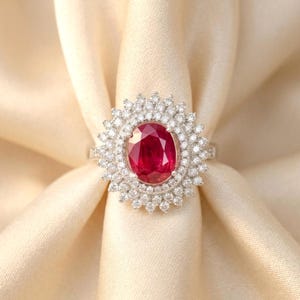 Natural Ruby Oval Engagement Ring, 925 Sterling Silver Sunburst Halo Ring, Pink Red Gemstone Vintage Statement Jewelry, Gift for Her