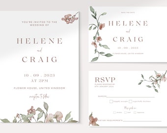 DIGITAL TEMPLATE - Watercolour Floral Wedding Invite template, Save the Date and Rsvp card  | CANVA Template | Reception Invitation