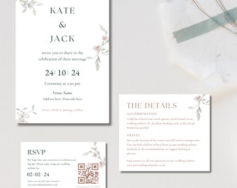 DIGITAL TEMPLATE | Watercolour Floral Wedding Invitation Template, Details card, Rsvp card, and save the date  | Evening Invitation |