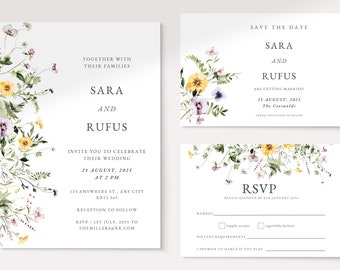 DIGITAL TEMPLATE | Summer Wildflower Wedding Invite Template, Save the Date and Rsvp card  | Evening Invitation |