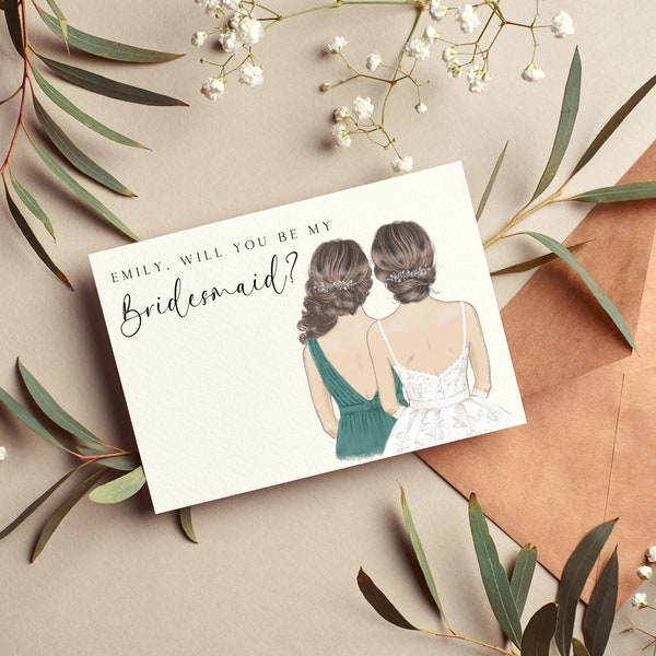 DIGITAL TEMPLATE - Bridesmaid Proposal Card | CANVA Template | Will you be my Bridesmaid | Bride and Bridesmaid Drawing (Green Dress)