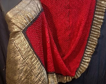 Pure dupian resham saree Kanchi border pallu Weaving zari work Rich bandhani dots design