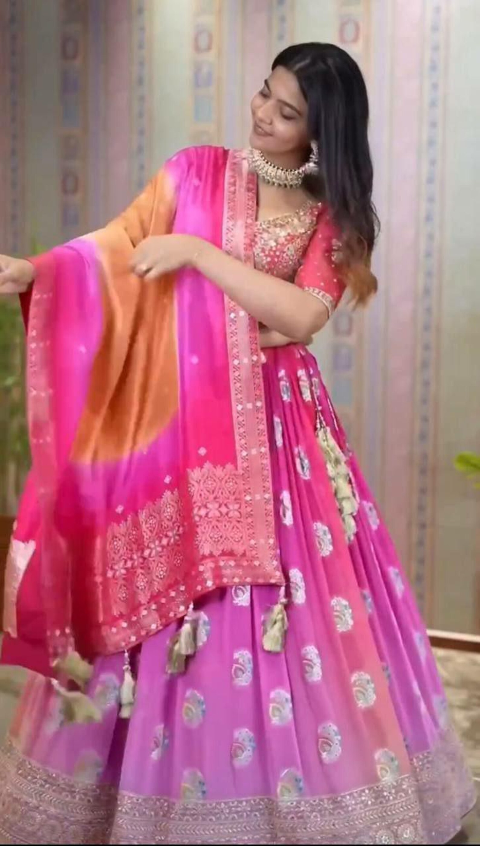 Mustared Olive Chinon Silk Lehenga Choli
