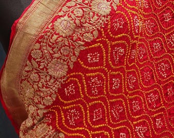 Puro banarasi georgette elegante pesado bandhej real khaddi zari rai bandhej diseñador sari