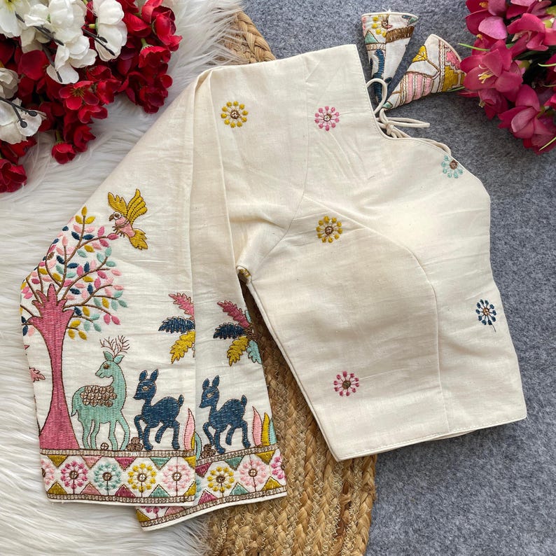 Embroidery Fully Stitched Saree blouse With pure Khadi cotton