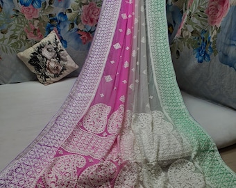 Pure Shaded Georgette Saree With Luckanvi Chikankari Saree