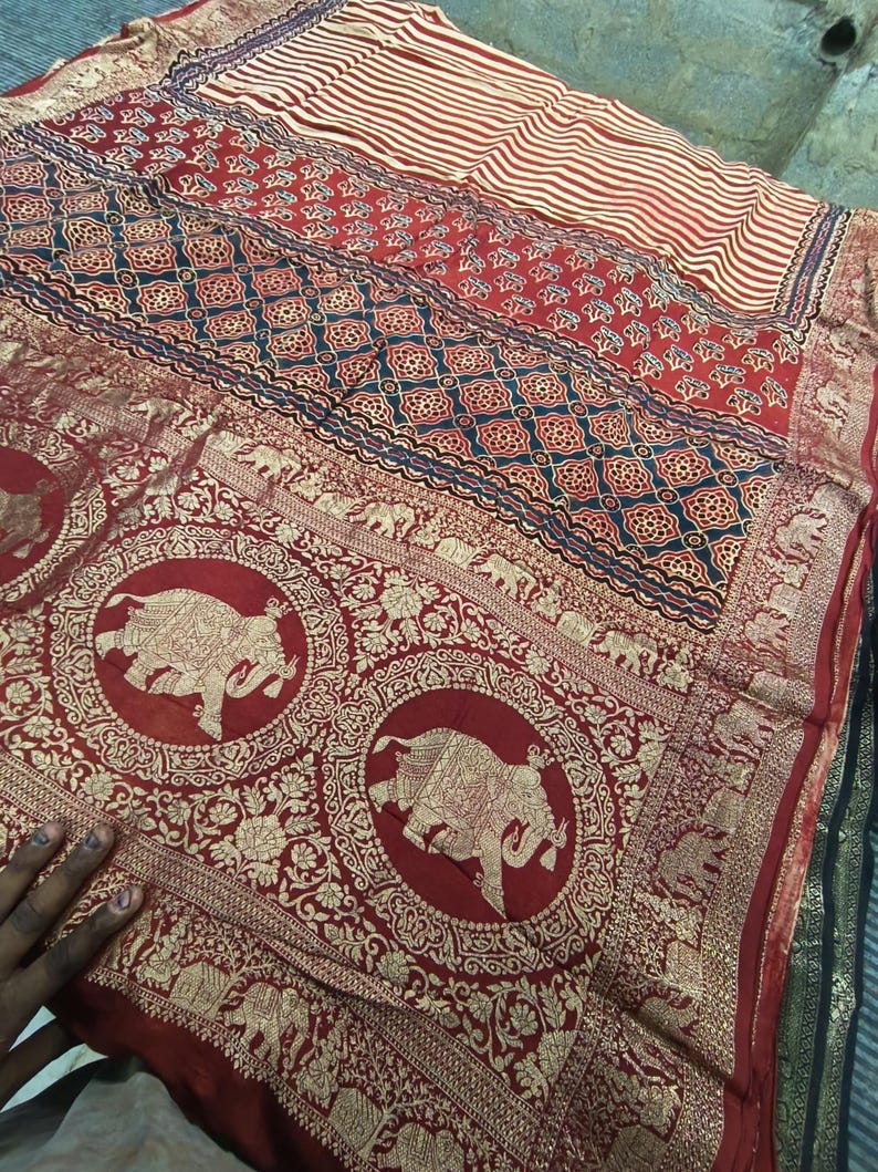 Dola Silk Original Handblocked  Ajrakh work Saree