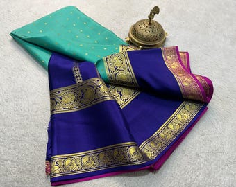 Pure Mysore Silk Saree: 3D Peacock-Mango Border, Rich Pallu