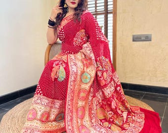 Pure banarashi georgette Kotan zari tested zari handloom rai bandhej saree