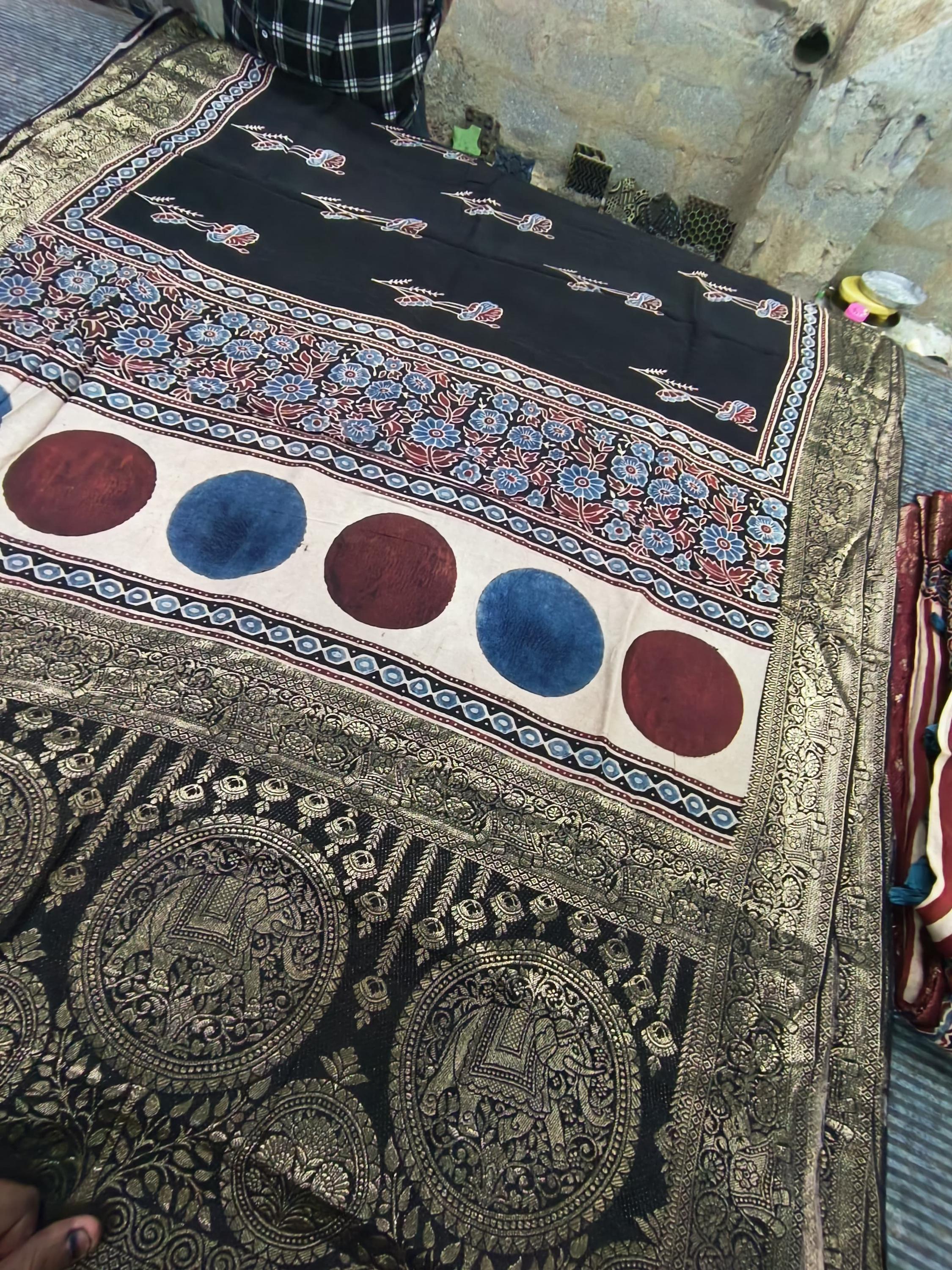 Blue - Natural Dyed Dola Silk Hand Block Ajrakh Print Fabric 41