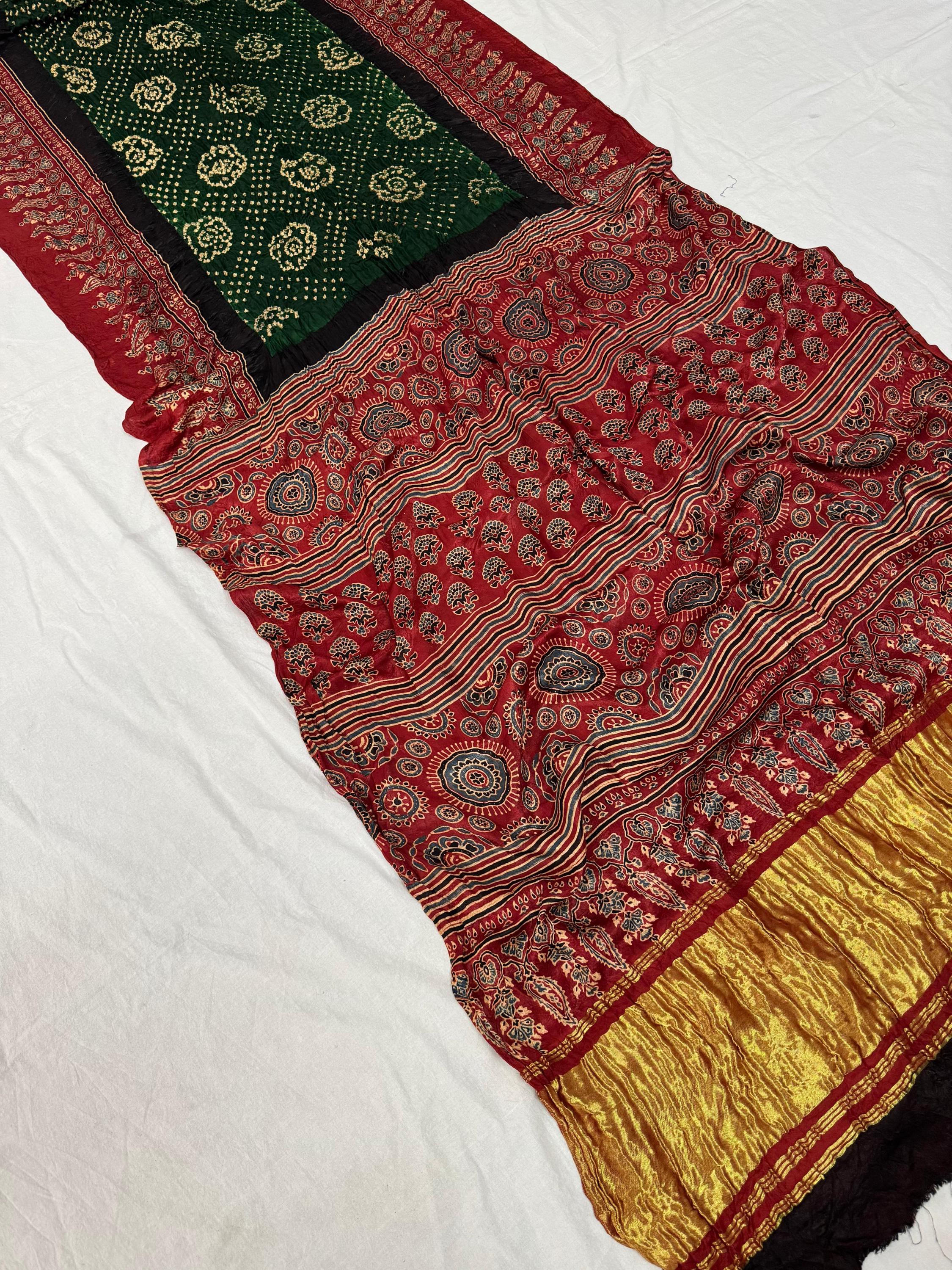 Black Ajrakh Modal Silk Handwork Saree - Circles Pattern