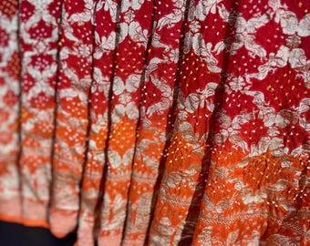 Banarasi Handloom Pure Georgette Palki Border Figurs Jangla Red~Orange Bandhani Saree