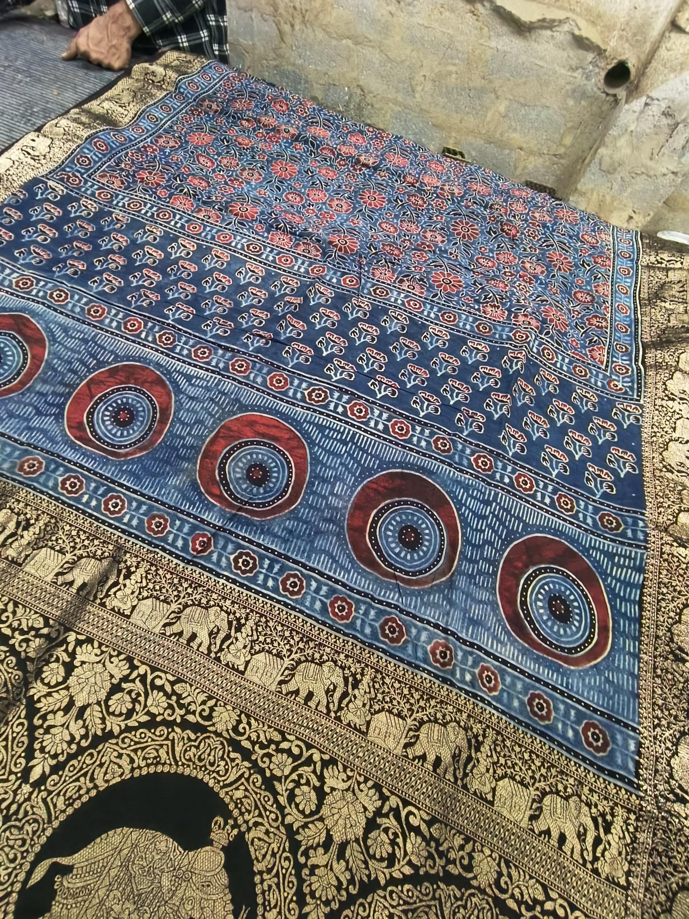 Multicolor - Natural Dyed Dola Silk Hand Block Ajrakh Print Fabric 43