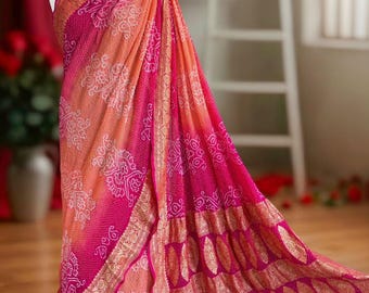 Pure Banarasi Khaddi Georgette Jari Pallu Border With Heavy Rai Bandhej Double Shaded Colour Saree