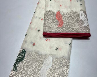 Katan Silk Saree: Handbordered Peacock Design, Silver Zari Border