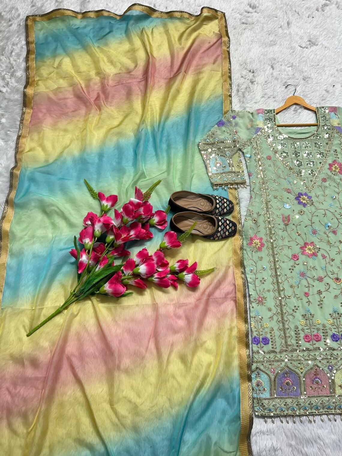 Hevay Faux Georgette With Heavy multi Needle Embroidery 5mm Sequence Work With fancy Less . (Fully Sleeve’s) Long Kurti For Women main image 1