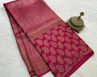 Rashmika Mandanna’s Crepe Brocade SareePure Crepe Brocade Mysore Silk sarees 120gsm thickness with rich pallu