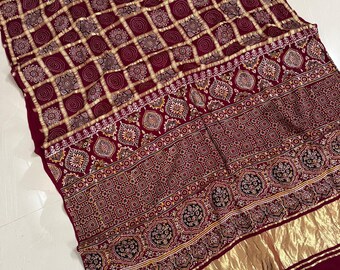 Pure Modal Silk Saree Ajrakh Hand Block Print Chiran Chexs Garchola Japan Zari