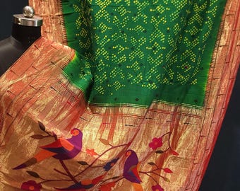 Pure silk real hand loom paithani with bandhej triple munia border designer saree