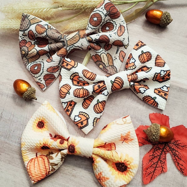 Girl's Fall Hair Bow, Baby Fall Headband, Thanksgiving Hair Bow, Pumpkin Pie Hair Bow, Turkey Hair Bow, Fall Sunflower Bow