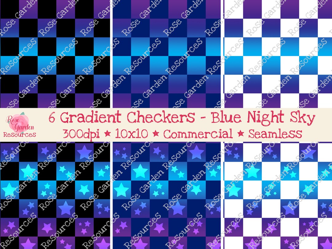 6 Gradient Checkers Blue Night Sky Digital Seamless Paper Bundle ...