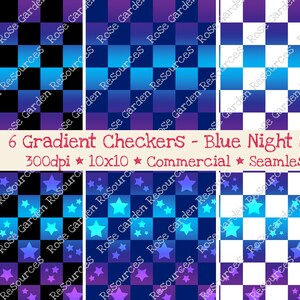 May include: Six seamless digital paper patterns featuring gradient checkerboard designs in shades of blue, purple, and black. Some patterns include white stars. The text "6 Gradient Checkers - Blue Night Sky 300dpi 10x10 Commercial Seamless" is displayed at the top of the image.