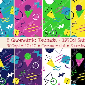8 Geometric Pattern Digital Seamless Paper Bundle, commercial use, 300dpi, files, images, surface patterns, repeating 1990s decade 90s print