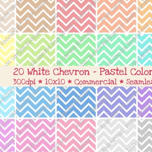 May include: Twenty digital paper patterns featuring white chevron designs on a variety of pastel backgrounds. The patterns are seamless and 300 dpi.  The text "20 White Chevron - Pastel Colors" is displayed in the center of the image.  The text "300dpi ★ 10x10 ★ Commercial ★ Seamless" is displayed below the title.