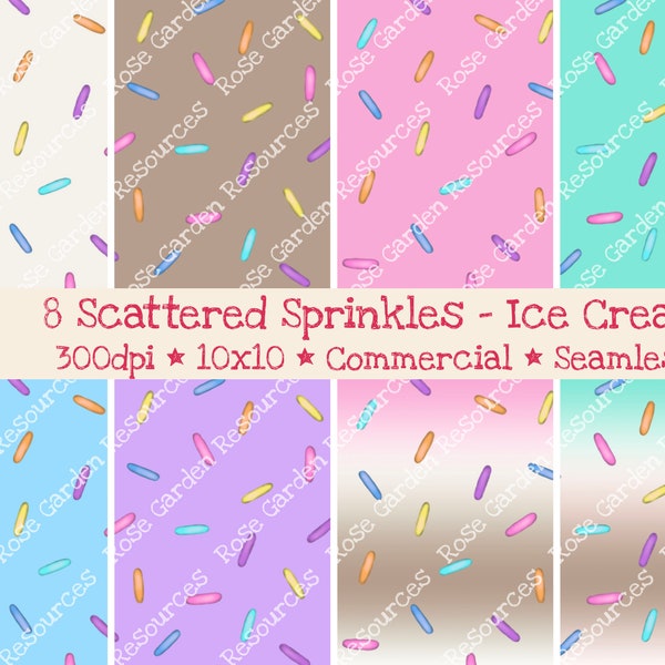 8 Scattered Sprinkles Ice Cream Flavors Digital Seamless Paper Bundle, commercial use, 300dpi, files, images, surface patterns, repeating