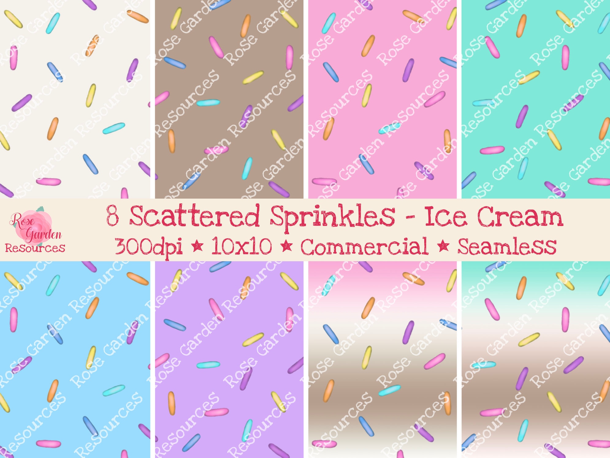 8 Scattered Sprinkles Ice Cream Flavors Digital Seamless Paper Bundle