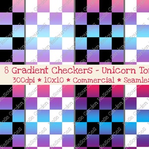 May include: Eight seamless digital paper patterns featuring gradient checkerboard designs in unicorn tones. The patterns are 300 dpi and 10x10 inches.