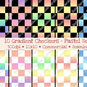 May include: A digital art set featuring ten pastel gradient checkerboard patterns. Each design showcases a unique blend of colors, including pink, yellow, blue, and green, arranged in a checkered format. The image includes the text "10 Gradient Checkers - Pastel Set 1".