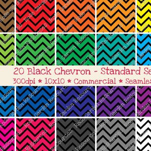 May include: A set of 20 digital paper patterns featuring black chevron designs on various colored backgrounds. The patterns are 300 dpi, 10x10 inches, commercial use, and seamless.