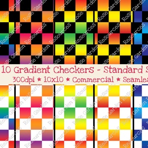 May include: Ten digital paper patterns featuring gradient checkerboard designs in various colors, including purple, blue, green, yellow, orange, and red. The patterns are seamless and 300 dpi.