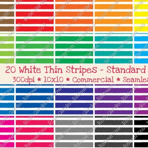 Pacote de papel digital sem costura com 20 listras finas, cores brancas padrão, uso comercial, 300 dpi, arquivos, imagens, padrões de superfície, listras repetidas