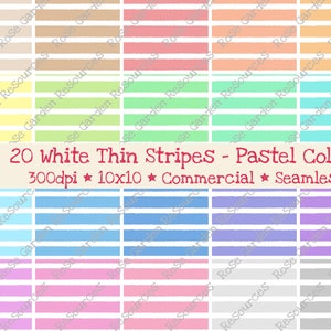 20 Thin Stripes White Pastel Colors Digital Seamless Paper Bundle, commercial use, 300dpi, files, images, surface patterns, repeat striped