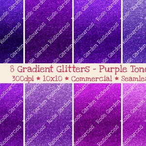 May include: Eight seamless digital paper patterns featuring gradient glitter in purple tones. The patterns are 300 dpi and 10x10 inches in size. The text "Rose Garden Resources" is repeated in the background of each pattern.