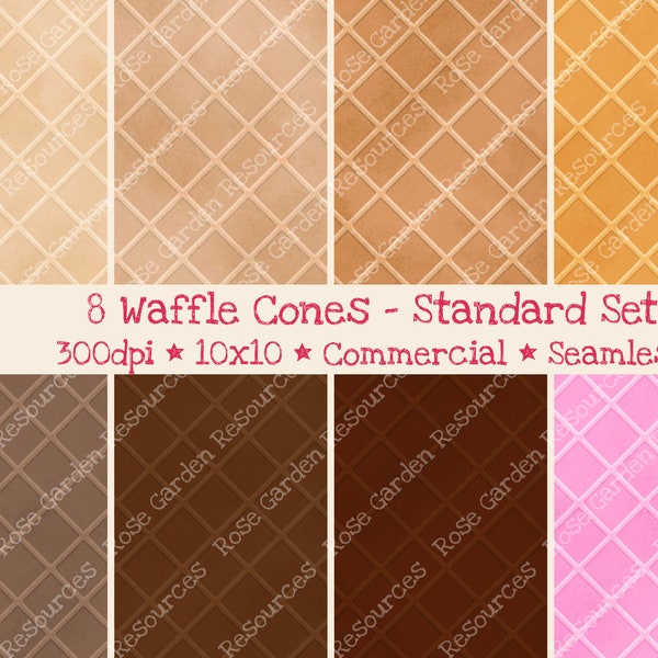 8 Waffle Cones Standard Set Digital Seamless Paper Bundle, commercial use, 300dpi, files, images, surface patterns, repeating, ice cream