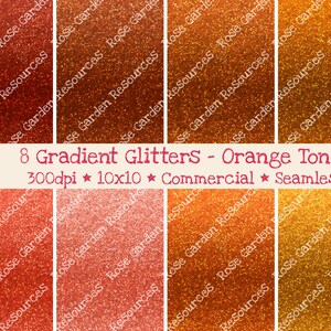 May include: Eight seamless digital paper patterns featuring gradient glitter in orange tones. The patterns are 300 dpi and 10 inches by 10 inches.