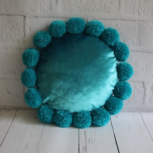 Turquoise Velvet Pom Pom Bohemian Round Throw Pillow, Teal Decorative Modern Toss Pillow, Custom Accent Personalized Luxury Cushion