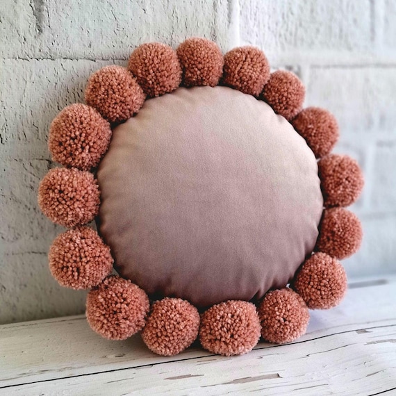 Handmade Velvet Round Throw Pillow: Powder Pink Pom Pom Bohemian