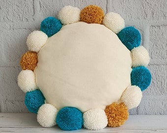Round Velvet Pompom Pillow, Bohemian Decorative Cushion