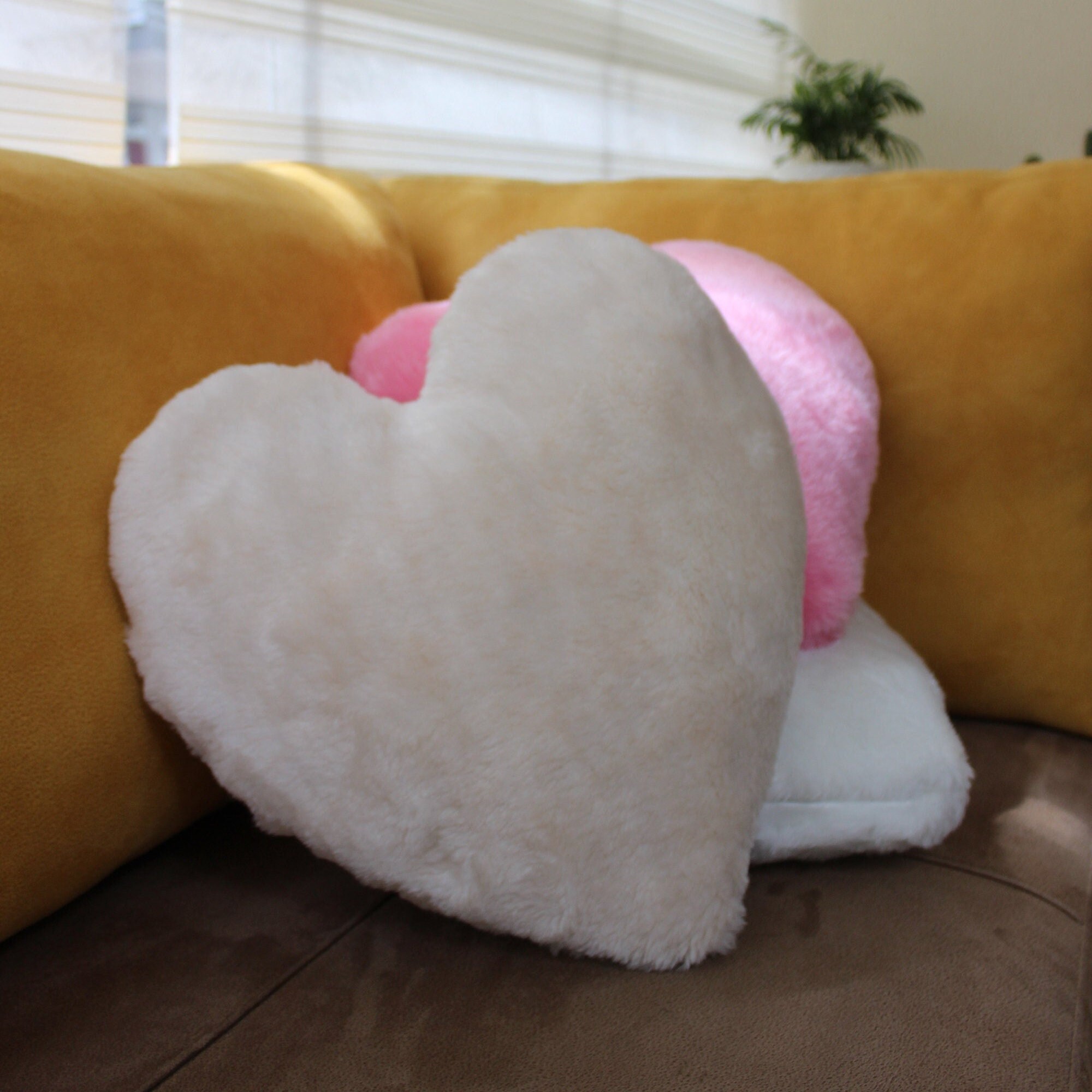 Cushion Heart Hanging Ivory Colour filled Plush Faux Fur Material Rosebud pile 