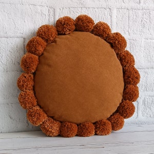 Caramel Velvet Pom Pom Round Pillow: Bohemian Chair Cushion