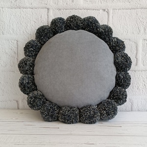 Handmade Gray Velvet Pom Pom Pillow: Bohemian Round Toss Cushion